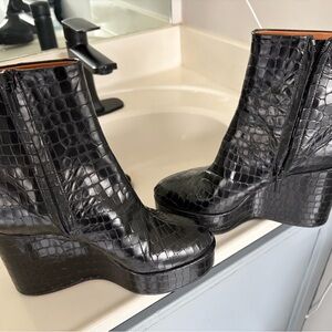 Robert Clergerie Black Croc-Embossed Ankle Booties